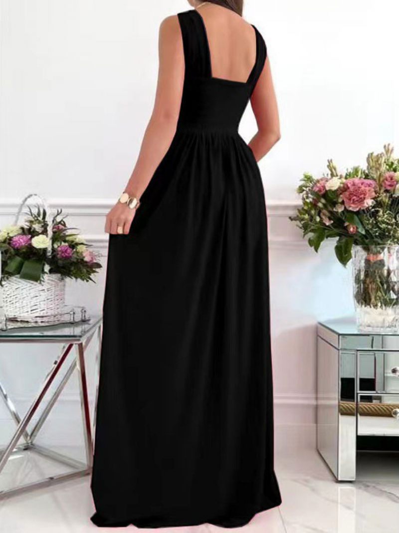 Robe Longue Croisée Sans Manches Pour Femmes Dos Nu Fente Plissée Robes Bal - Noir