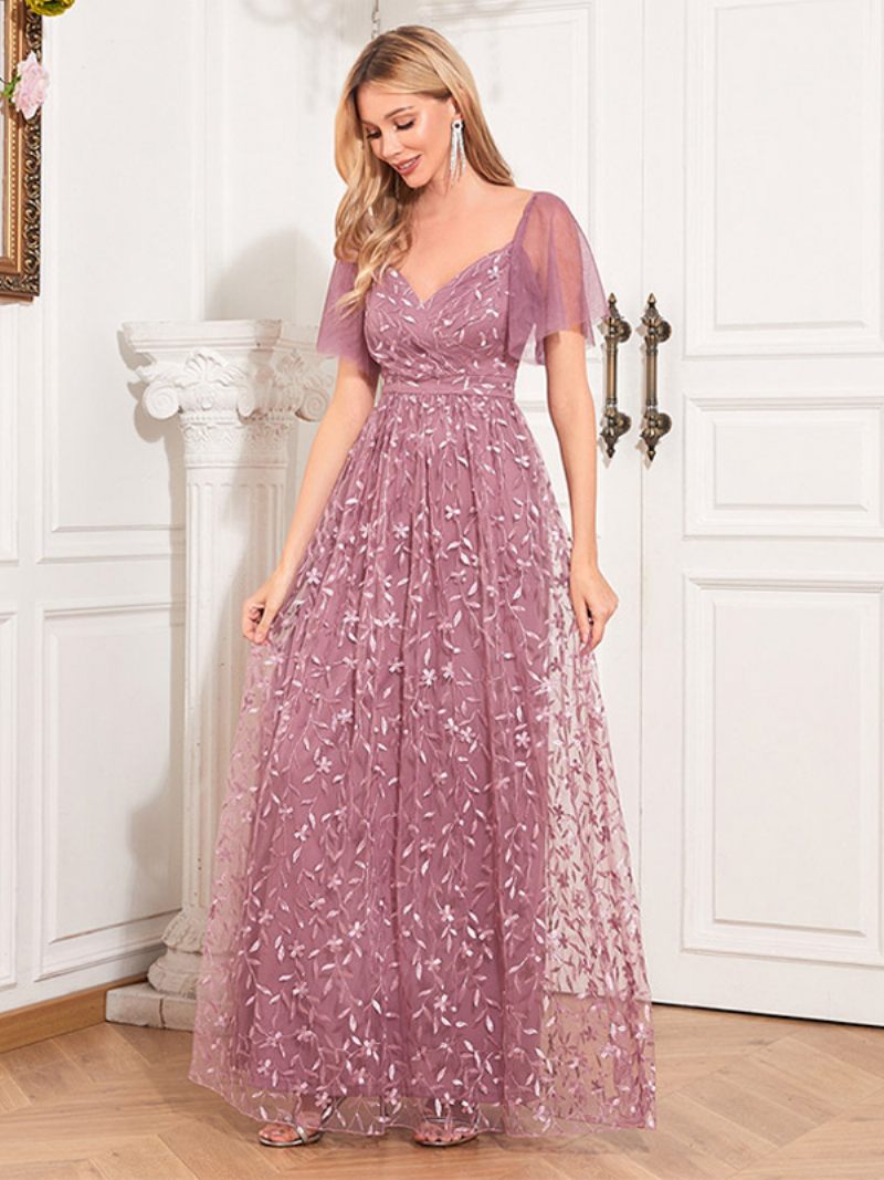 Robe Longue Dentelle Brodée Pour Femmes Col Cœur Manches Flottantes Robes Bal - Rose Lotus