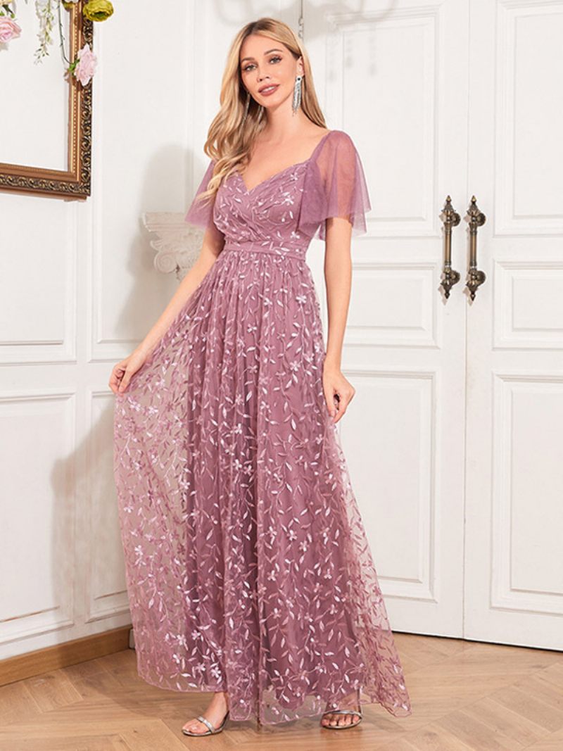 Robe Longue Dentelle Brodée Pour Femmes Col Cœur Manches Flottantes Robes Bal - Rose Lotus