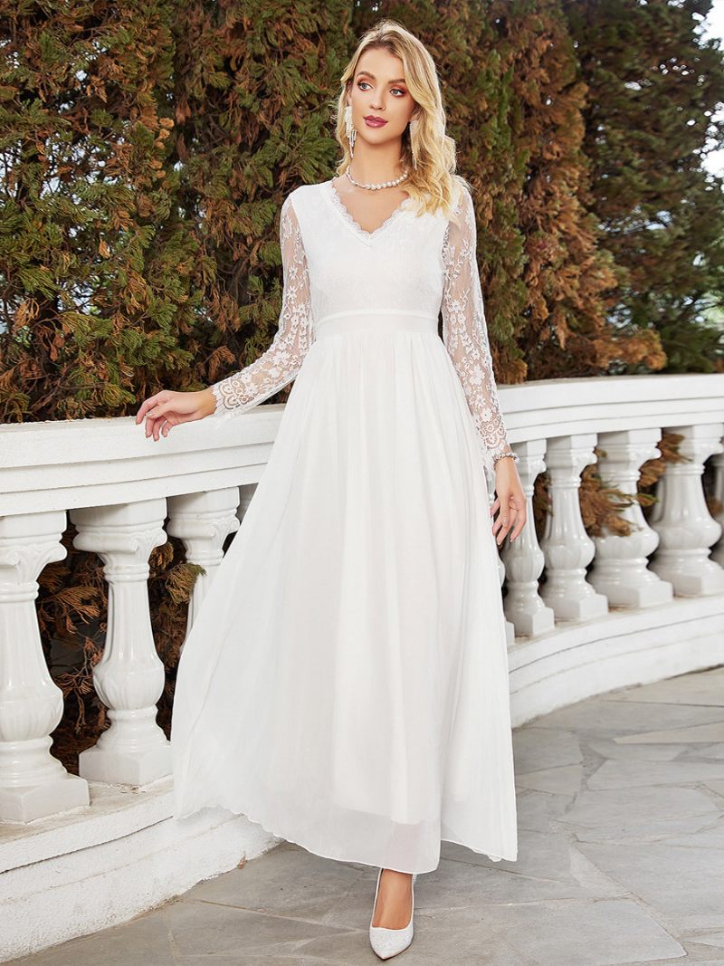 Robe Longue Dentelle Festonnée Pour Femme Col V Illusion Élégante Robes Bal Trapèze - Blanc