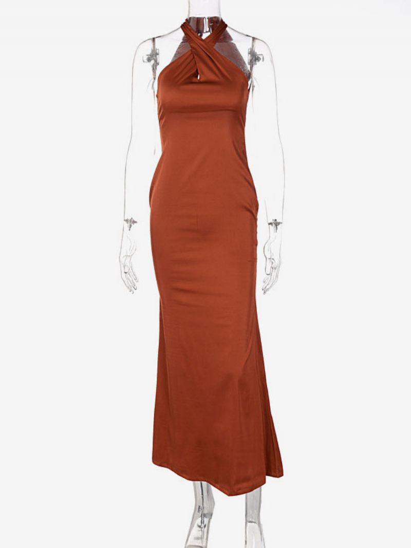 Robe Longue Dos Nu Pour Femmes Sans Manches Sexy Extensible Plissée Longueur Au Sol Bal - Café Marron