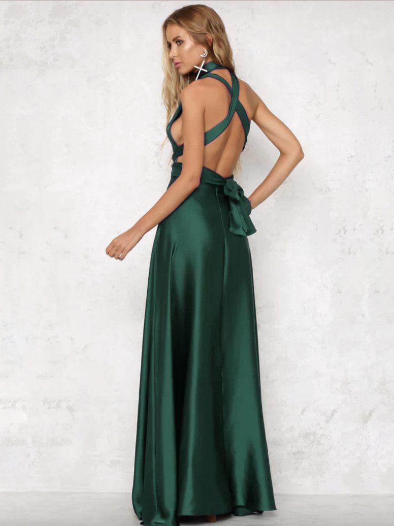 Robe Longue Dos Ouvert Pour Femme Nu Décolleté Plongeant Taille Croisée Bal - Vert