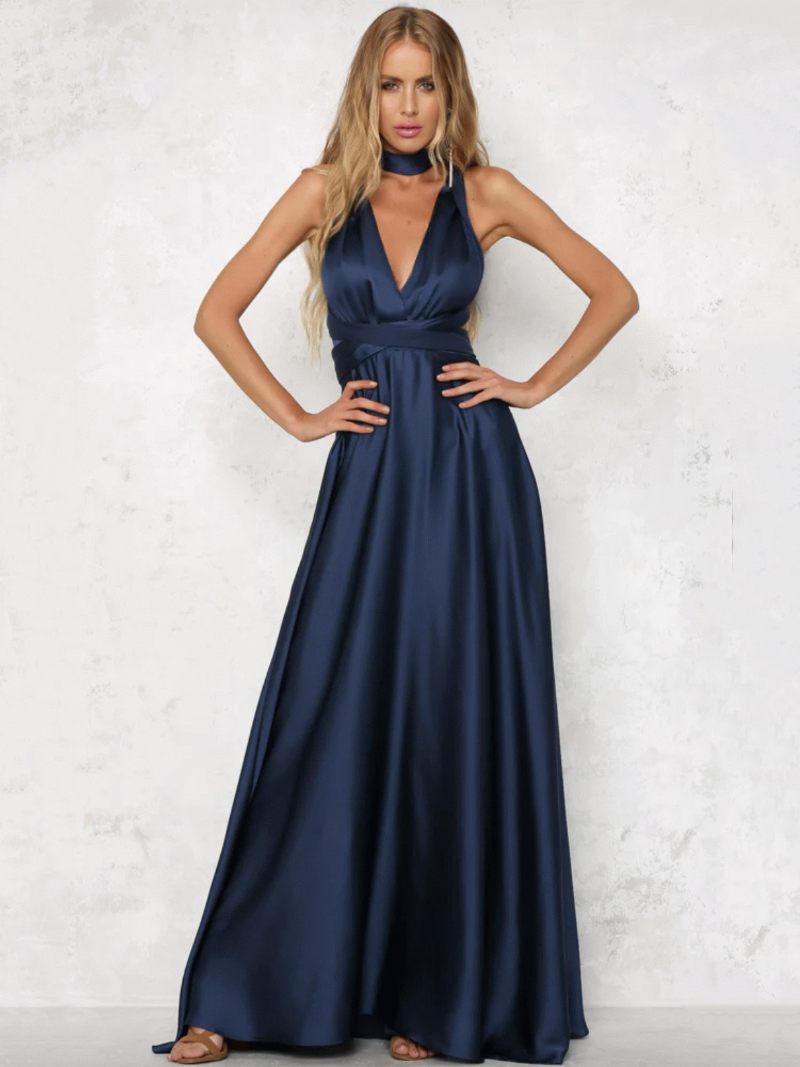 Robe Longue Dos Ouvert Pour Femme Nu Décolleté Plongeant Taille Croisée Bal - Marine Foncé