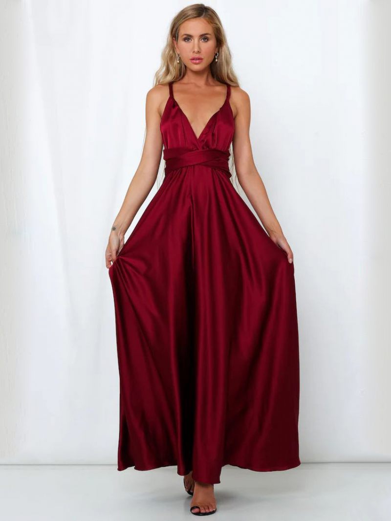 Robe Longue Dos Ouvert Pour Femme Nu Décolleté Plongeant Taille Croisée Bal - Bourgogne