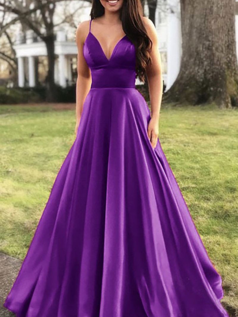 Robe Longue Élégante Pour Femmes Bretelles Spaghetti Col V Taille Empire Robes Bal - Violet