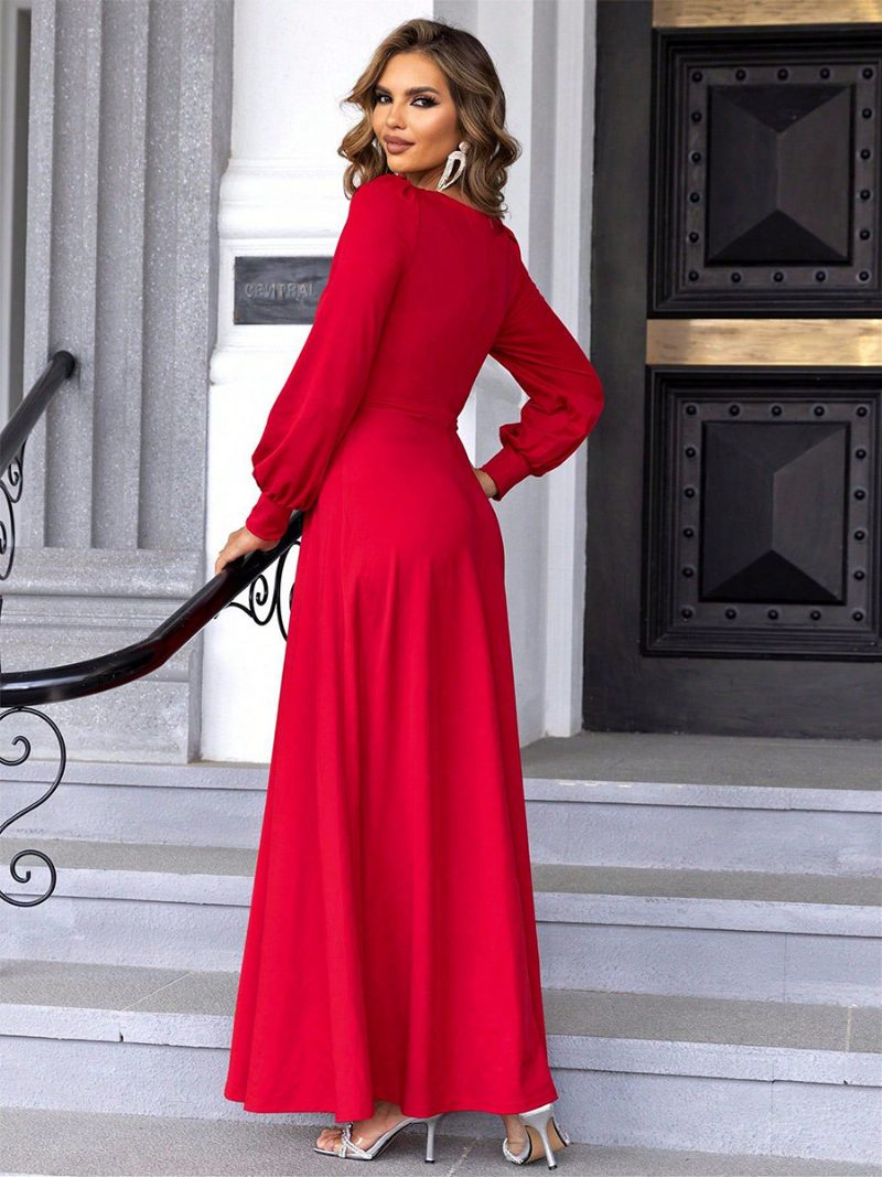 Robe Longue Élégante Pour Femmes Col Rond Détail D'anneau Robes Maxi Bal Promo - Rouge