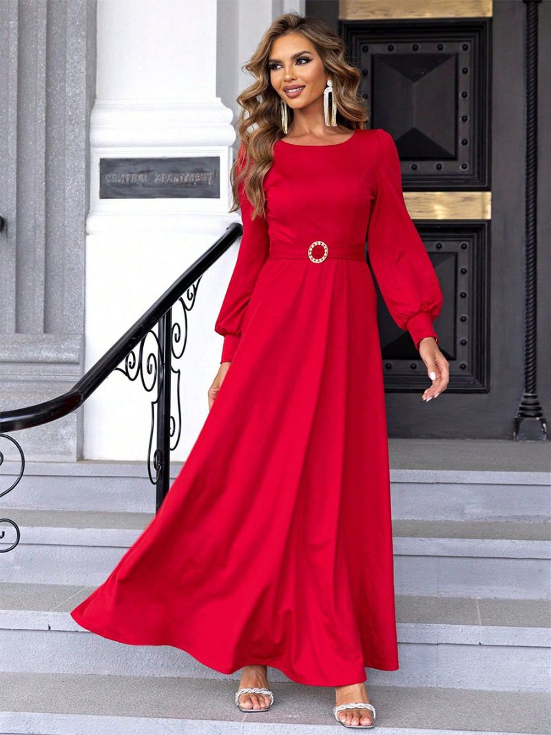 Robe Longue Élégante Pour Femmes Col Rond Détail D'anneau Robes Maxi Bal Promo - Rouge