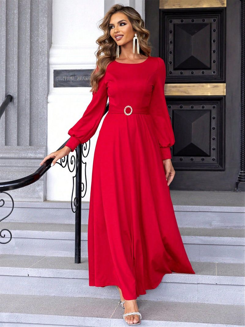 Robe Longue Élégante Pour Femmes Col Rond Détail D'anneau Robes Maxi Bal Promo - Rouge