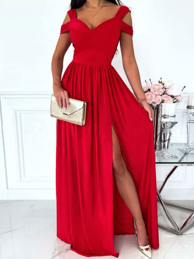 Robe Longue À Épaules Dénudées Pour Femmes Manches Courtes Bal Sexy Ouvertes - Rouge