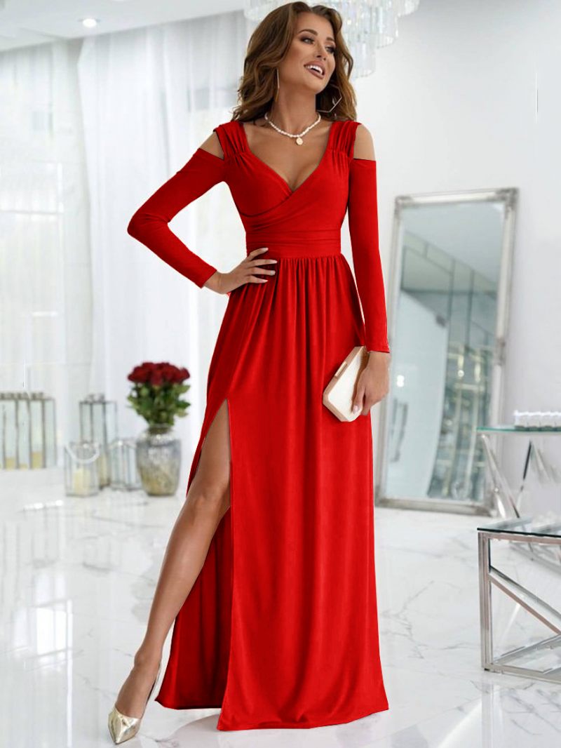 Robe Longue Pour Femmes Col V Épaules Dénudées Découpe Superposée Fente Sexy Bal - Rouge