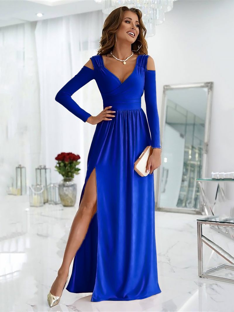 Robe Longue Pour Femmes Col V Épaules Dénudées Découpe Superposée Fente Sexy Bal - Bleu Foncé