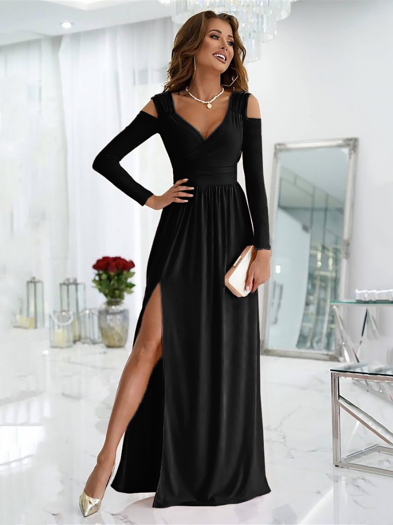 Robe Longue Pour Femmes Col V Épaules Dénudées Découpe Superposée Fente Sexy Bal - Noir