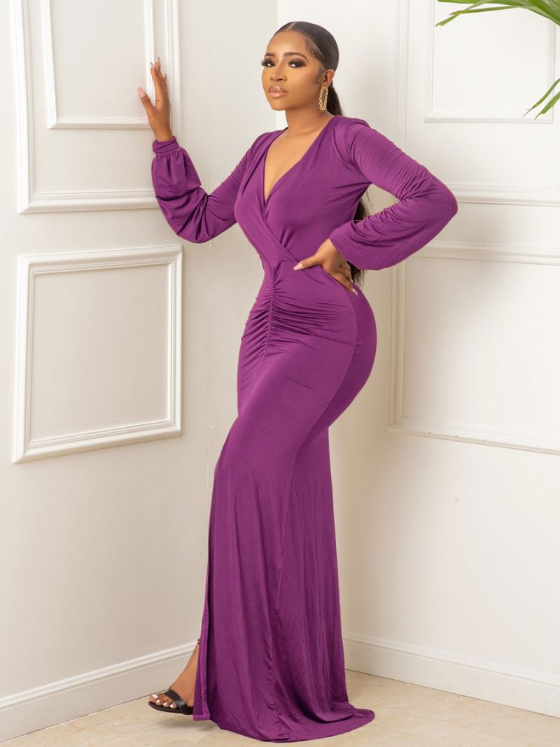 Robe Longue Pour Femmes Col V Manches Longues Lycra Spandex Robes Bal Décontractées - Violet