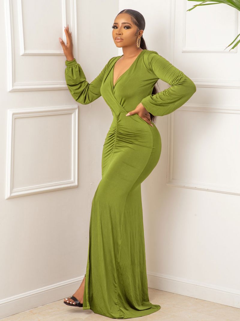 Robe Longue Pour Femmes Col V Manches Longues Lycra Spandex Robes Bal Décontractées - Vert