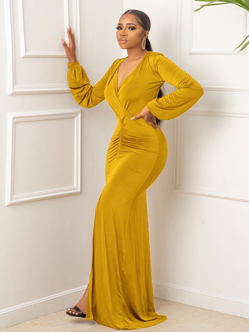 Robe Longue Pour Femmes Col V Manches Longues Lycra Spandex Robes Bal Décontractées - Jaune