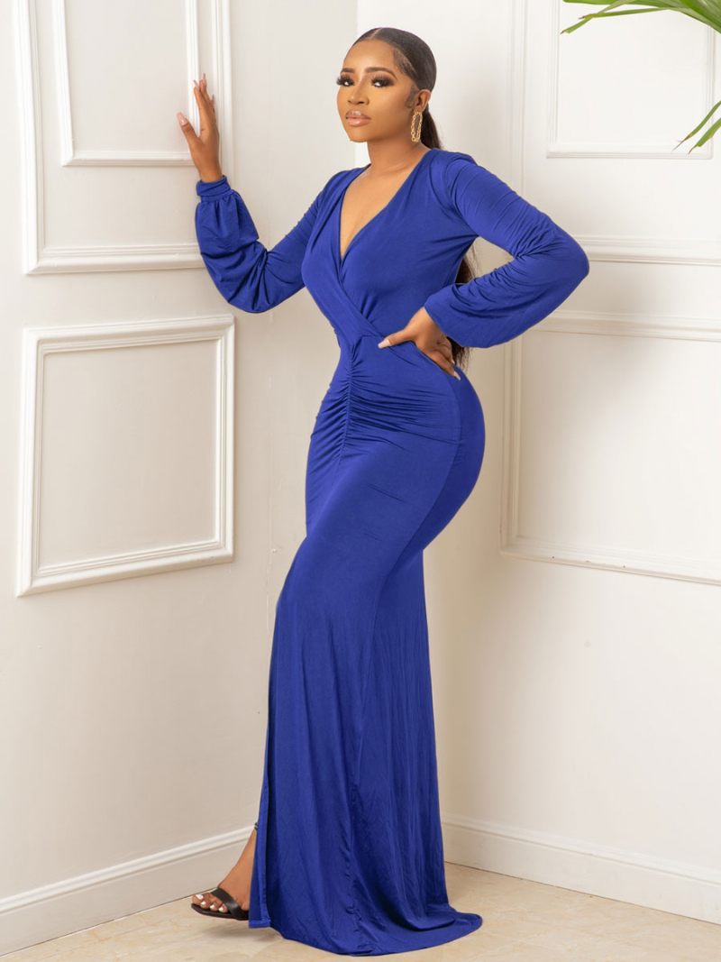 Robe Longue Pour Femmes Col V Manches Longues Lycra Spandex Robes Bal Décontractées - Bleu