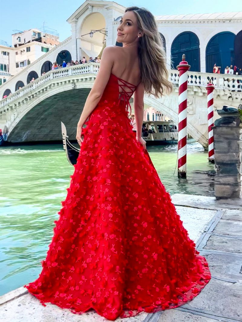 Robe Longue À Fleurs 3d Pour Femme Col Cœur Sans Manches Avec Traîne Bal - Rouge