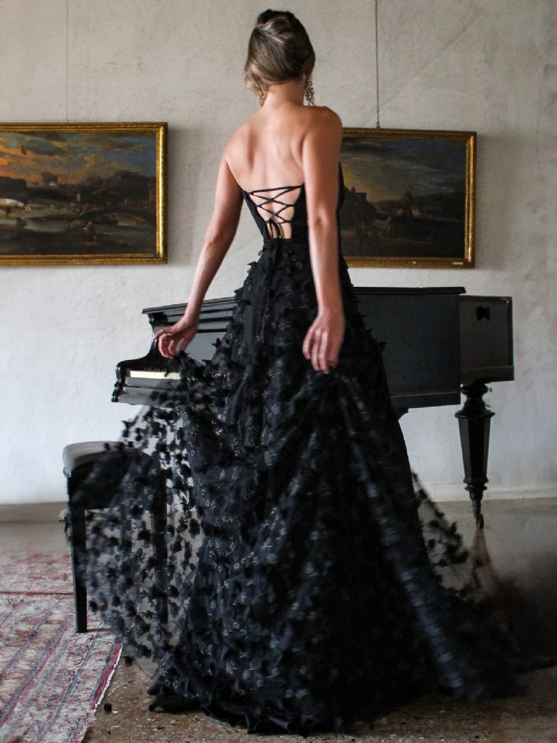 Robe Longue À Fleurs 3d Pour Femme Col Cœur Sans Manches Avec Traîne Bal - Noir