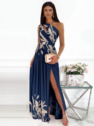 Robe Longue Imprimée Pour Femmes Asymétrique Épaule Dénudée Fente Haute Robes Bal