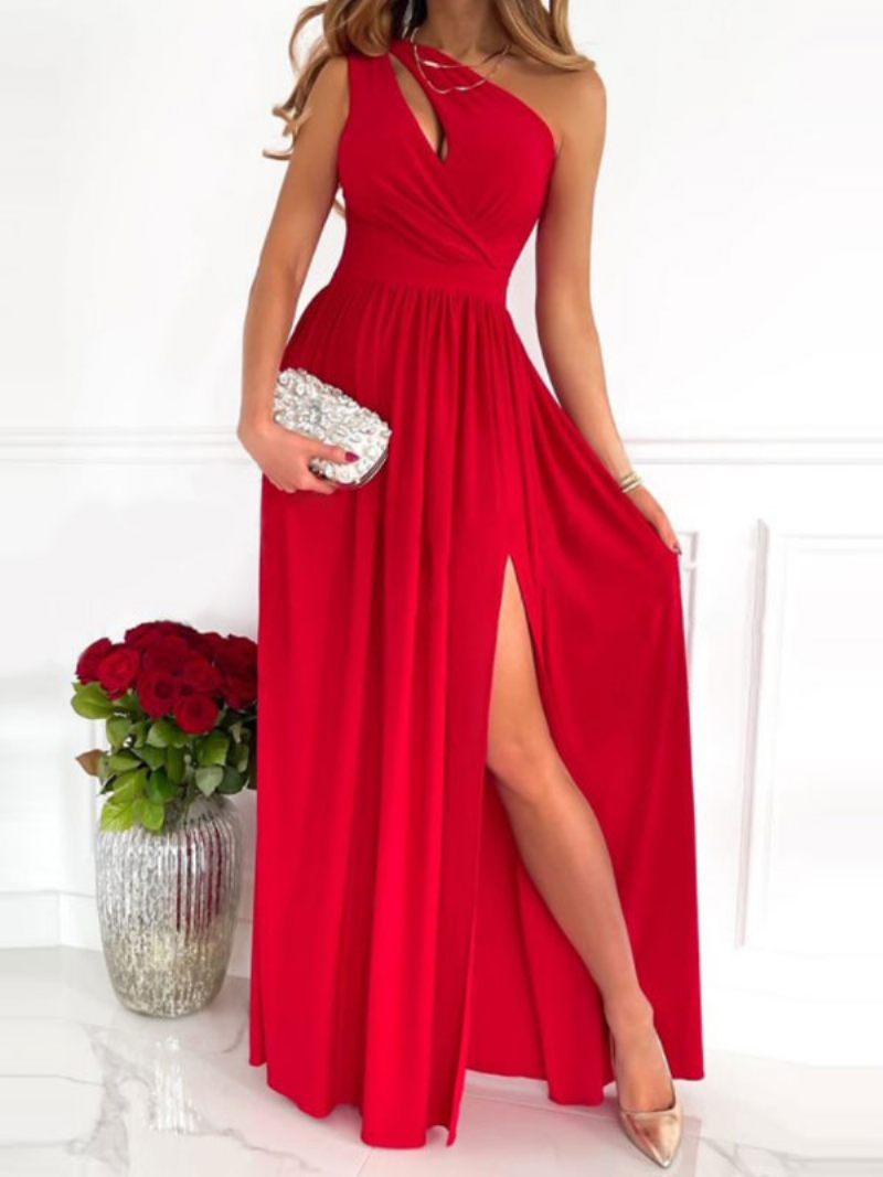 Robe Longue Imprimée Pour Femmes Asymétrique Épaule Dénudée Fente Haute Robes Bal - Rouge