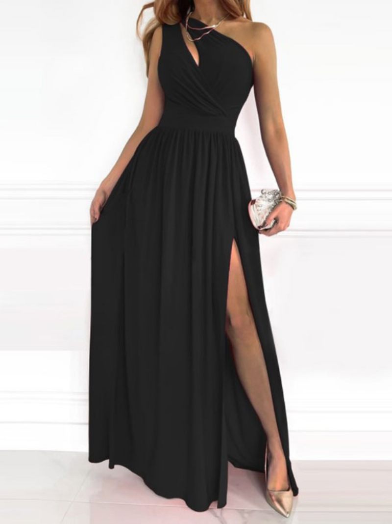 Robe Longue Imprimée Pour Femmes Asymétrique Épaule Dénudée Fente Haute Robes Bal - Noir