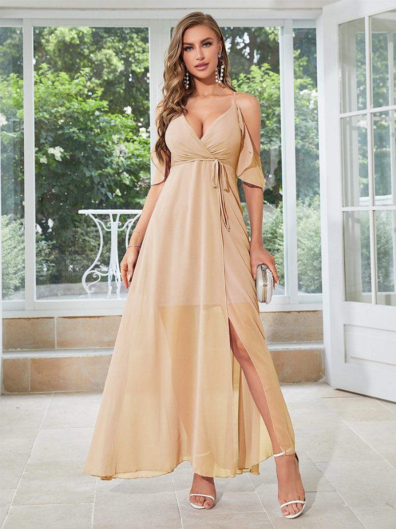 Robe Longue Mousseline Soie Pour Femmes Col V Épaules Dénudées Robes Maxi Sexy