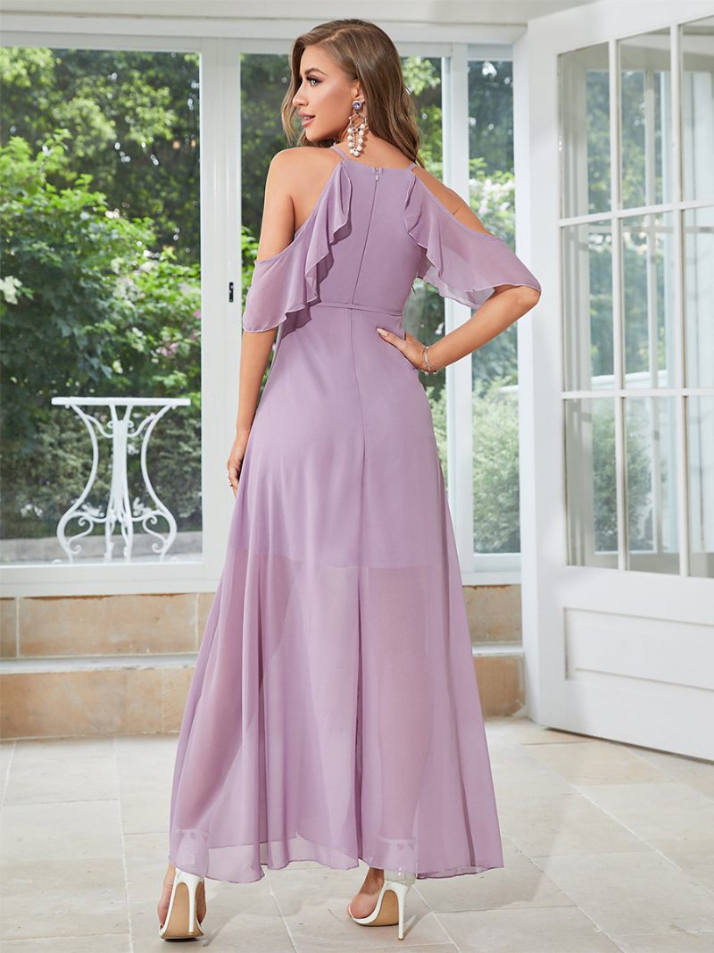 Robe Longue Mousseline Soie Pour Femmes Col V Épaules Dénudées Robes Maxi Sexy - Violet