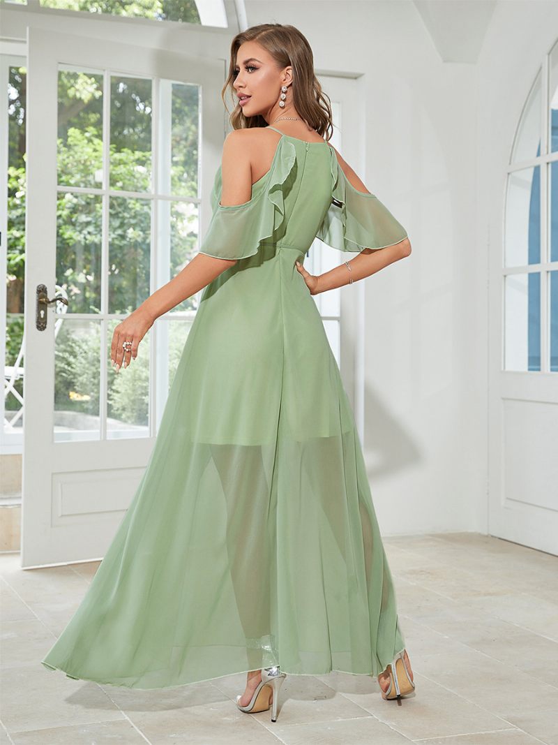 Robe Longue Mousseline Soie Pour Femmes Col V Épaules Dénudées Robes Maxi Sexy - Vert