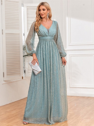 Robe Longue À Paillettes Pour Femme Col V Plissé Manches Illusion Bal