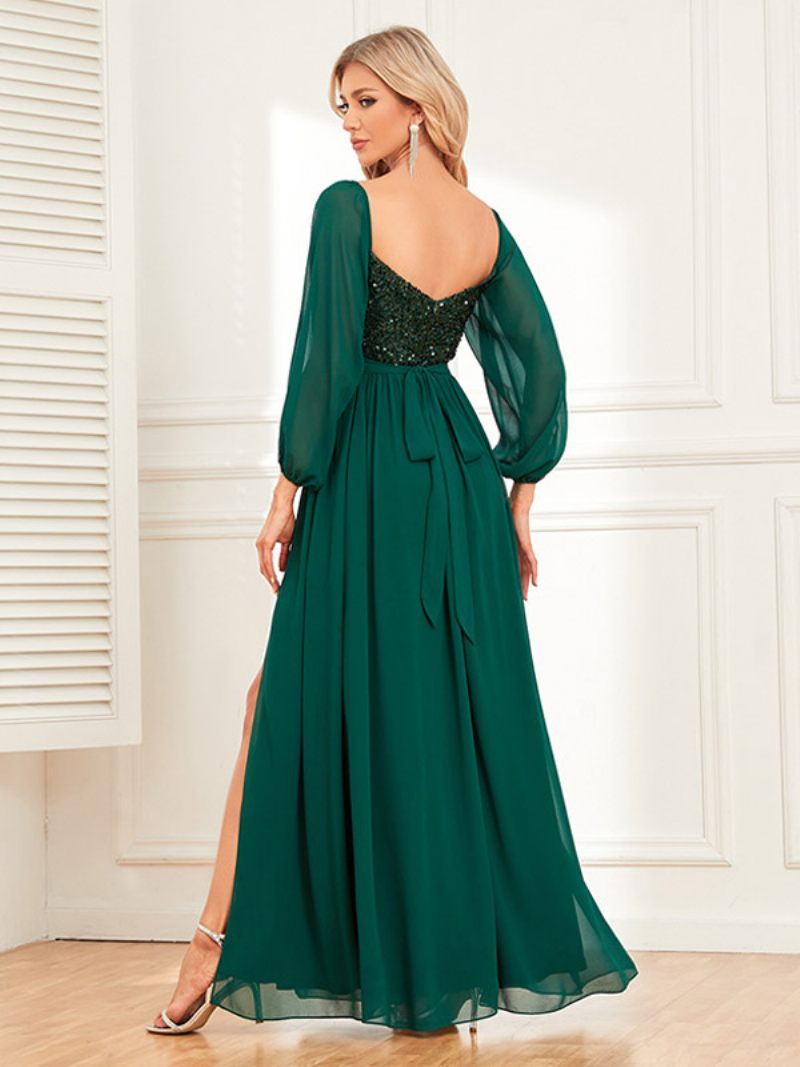 Robe Longue À Paillettes Pour Femmes Épaules Dénudées Dos Nu Fente Haute Robes Bal Promo - Vert Foncé