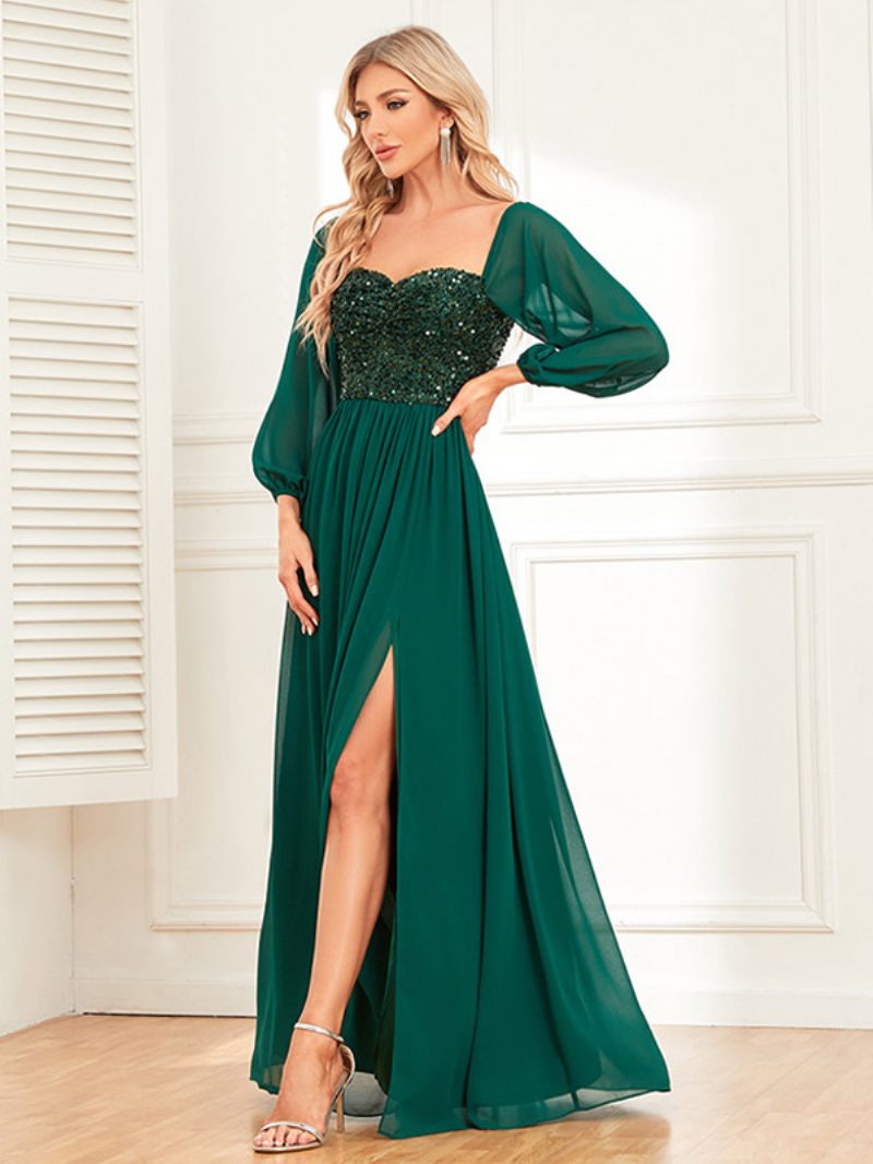 Robe Longue À Paillettes Pour Femmes Épaules Dénudées Dos Nu Fente Haute Robes Bal Promo - Vert Foncé