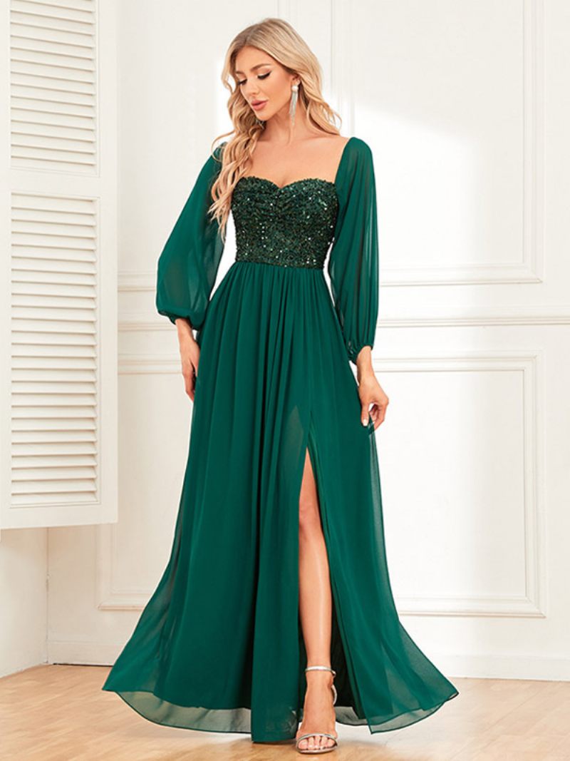 Robe Longue À Paillettes Pour Femmes Épaules Dénudées Dos Nu Fente Haute Robes Bal Promo - Vert Foncé