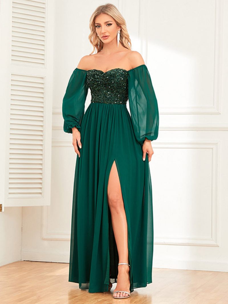 Robe Longue À Paillettes Pour Femmes Épaules Dénudées Dos Nu Fente Haute Robes Bal Promo - Vert Foncé