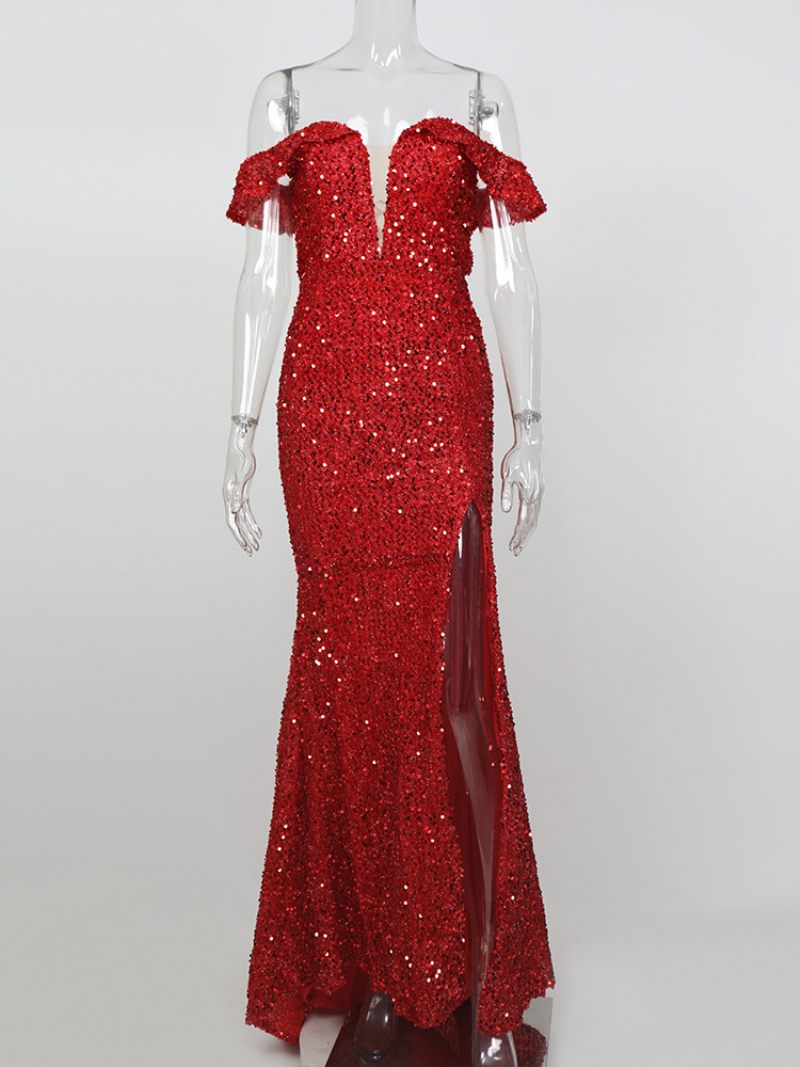 Robe Longue À Paillettes Pour Femmes Épaules Dénudées Fente Haute Robes Fête D'anniversaire - Rouge