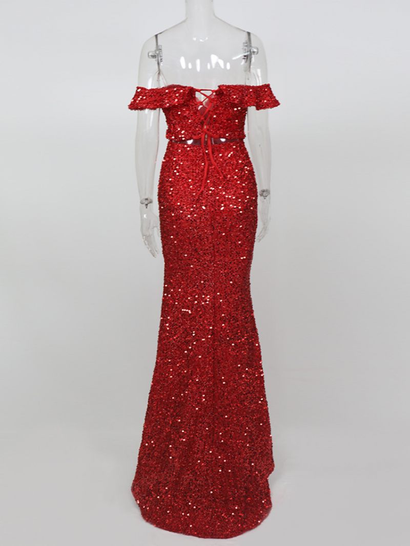 Robe Longue À Paillettes Pour Femmes Épaules Dénudées Fente Haute Robes Fête D'anniversaire - Rouge