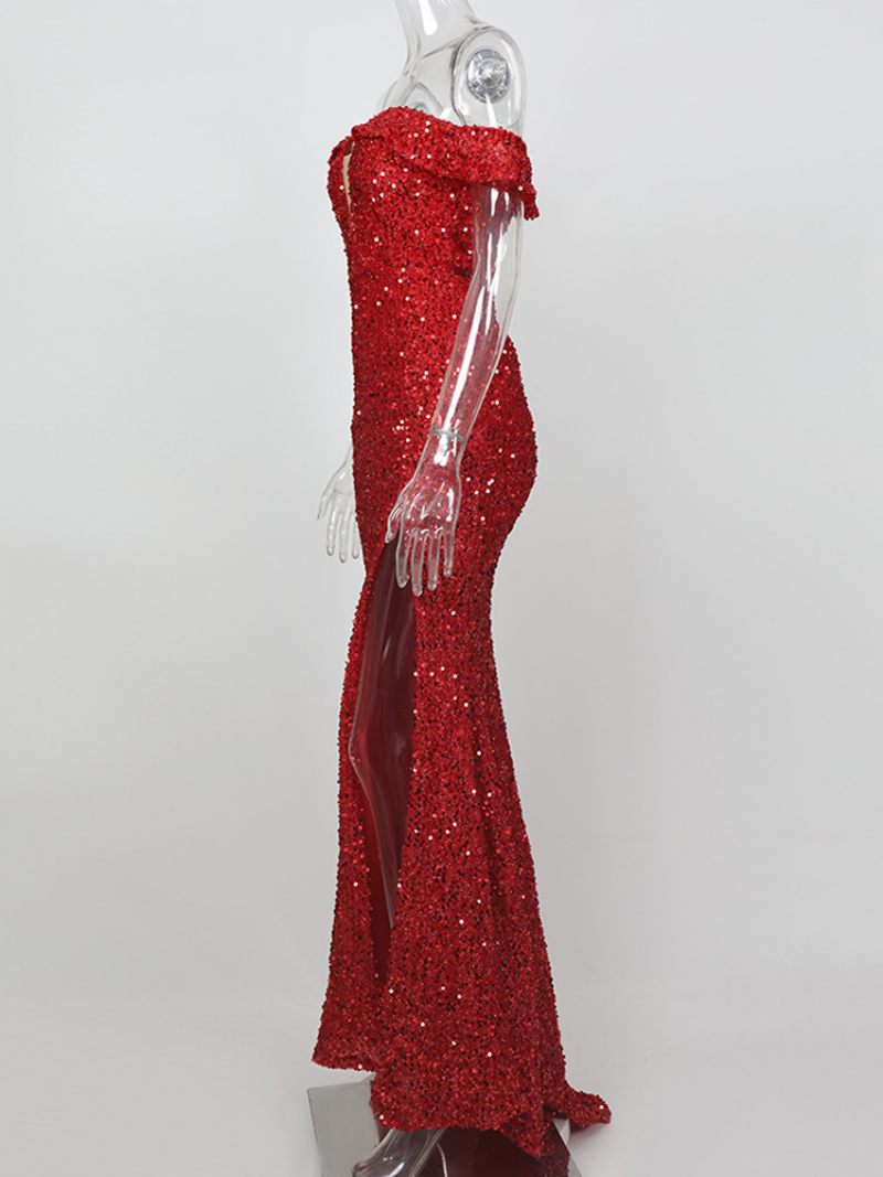 Robe Longue À Paillettes Pour Femmes Épaules Dénudées Fente Haute Robes Fête D'anniversaire - Rouge