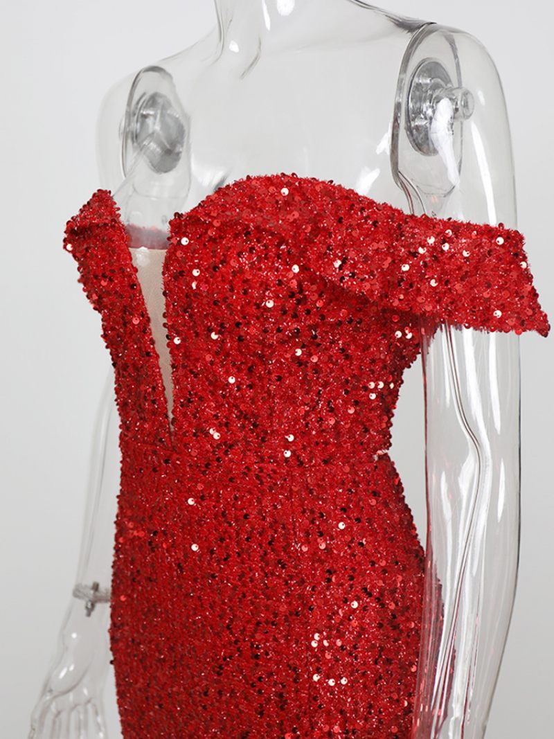 Robe Longue À Paillettes Pour Femmes Épaules Dénudées Fente Haute Robes Fête D'anniversaire - Rouge