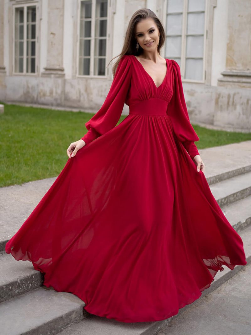 Robe Longue Plissée À Col V Pour Femme Coupe Trapèze Manches Lanternes Robes Bal