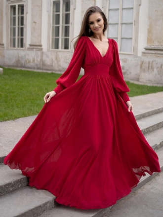 Robe Longue Plissée À Col V Pour Femme Coupe Trapèze Manches Lanternes Robes Bal