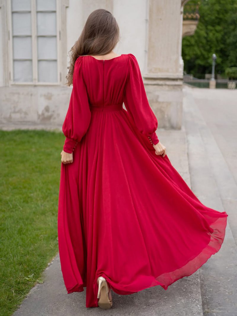 Robe Longue Plissée À Col V Pour Femme Coupe Trapèze Manches Lanternes Robes Bal - Bourgogne