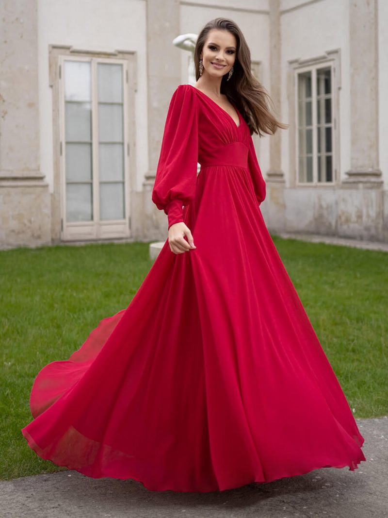 Robe Longue Plissée À Col V Pour Femme Coupe Trapèze Manches Lanternes Robes Bal - Bourgogne