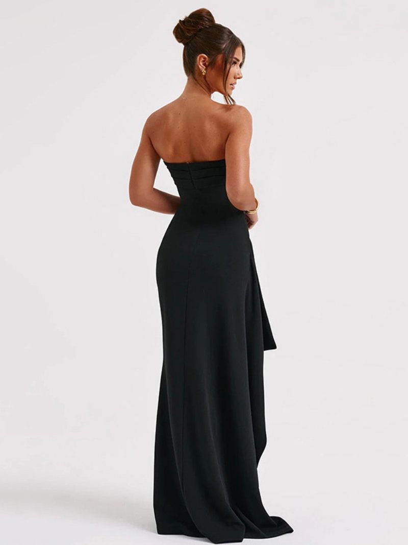 Robe Longue Plissée À Épaules Dénudées Pour Femme Volants Coupe Haute Robes Bal - Noir