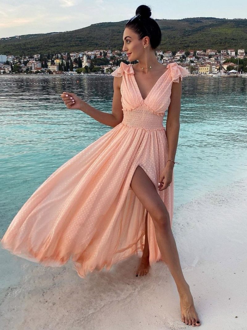 Robe Longue Plissée Pour Femmes Col V Sans Manches Fente Haute Robes Bal - Rose