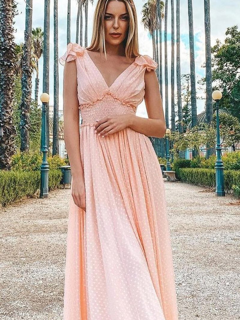 Robe Longue Plissée Pour Femmes Col V Sans Manches Fente Haute Robes Bal - Rose