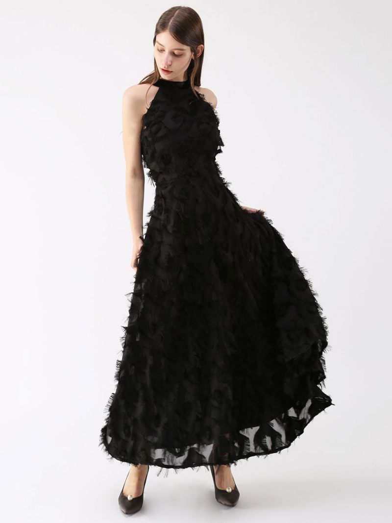 Robe Longue Plumes Pour Femmes Col Licou Sans Manches Ligne A Robes Bal Élégantes - Noir