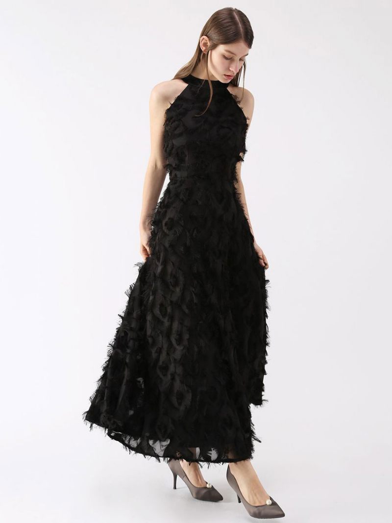 Robe Longue Plumes Pour Femmes Col Licou Sans Manches Ligne A Robes Bal Élégantes - Noir