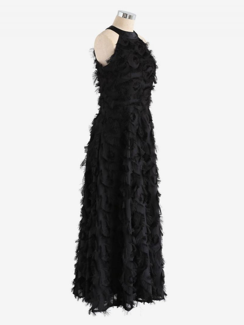 Robe Longue Plumes Pour Femmes Col Licou Sans Manches Ligne A Robes Bal Élégantes - Noir