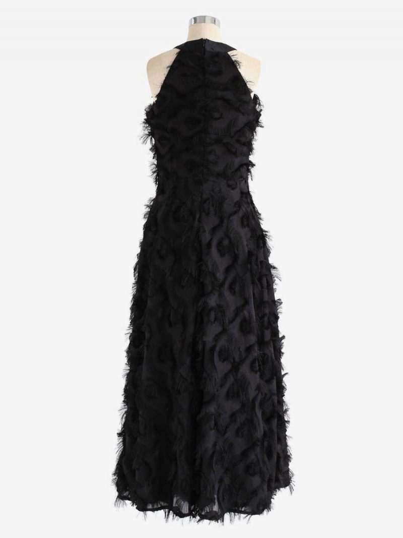 Robe Longue Plumes Pour Femmes Col Licou Sans Manches Ligne A Robes Bal Élégantes - Noir