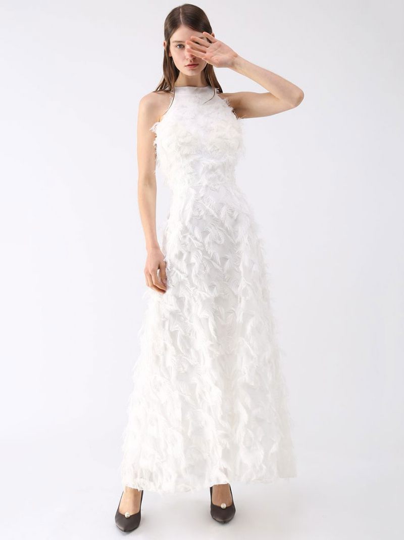 Robe Longue Plumes Pour Femmes Col Licou Sans Manches Ligne A Robes Bal Élégantes - Blanc