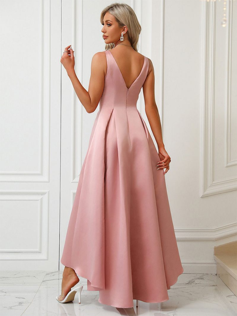 Robe Longue Rose Pour Femmes Sans Manches Dos V Froncée Robes Bal Fête - Rose